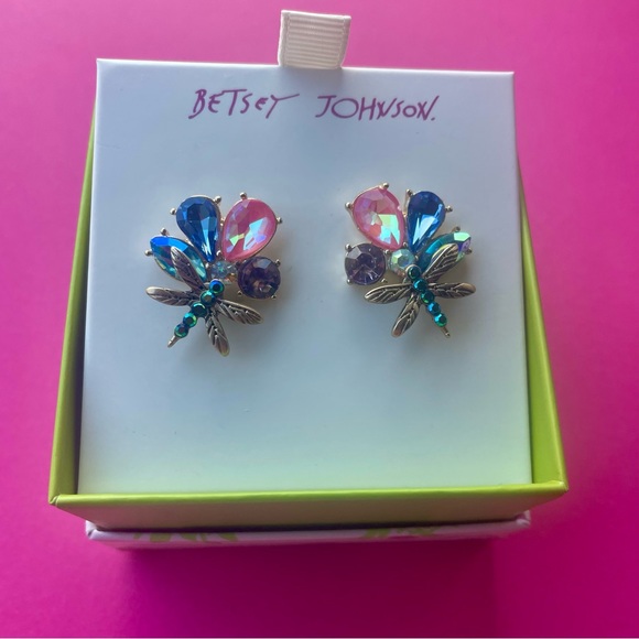 NWT Betsey Johnson Dragonfly or Butterfly Rhinestone Flower Earrings - Picture 2 of 5